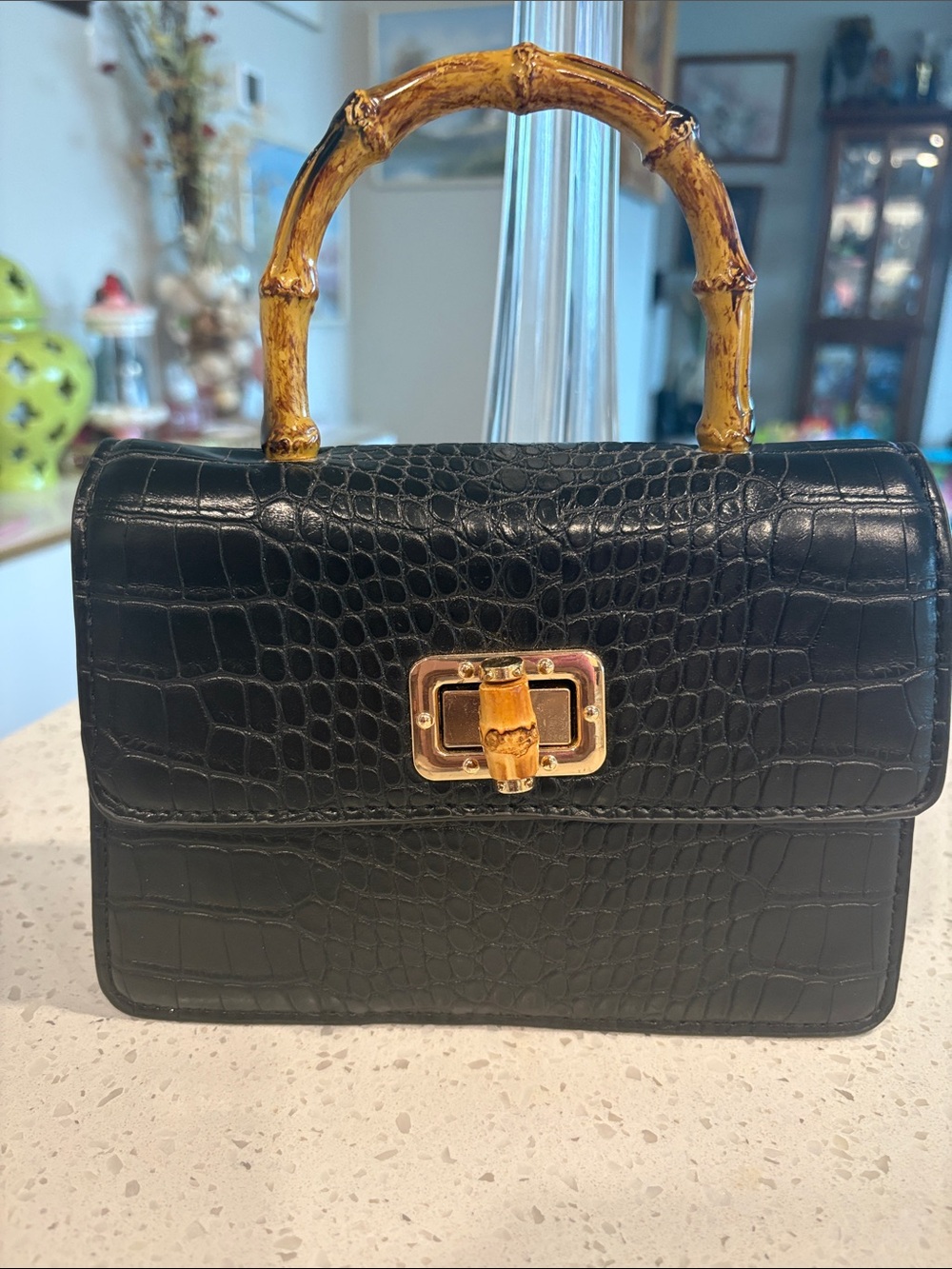 Black Croc-Embossed Top Handle Bag with Bamboo Accent